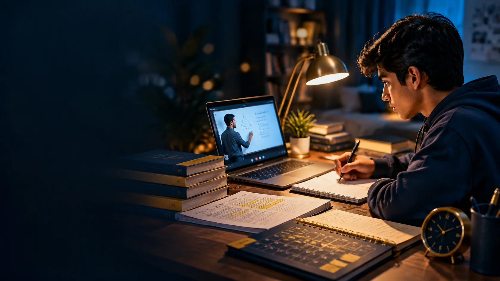 A student preparing intensively for exams in a live online class