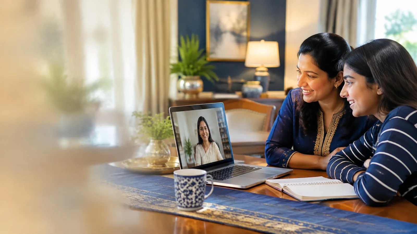 A parent and student in a video meeting with a teacher