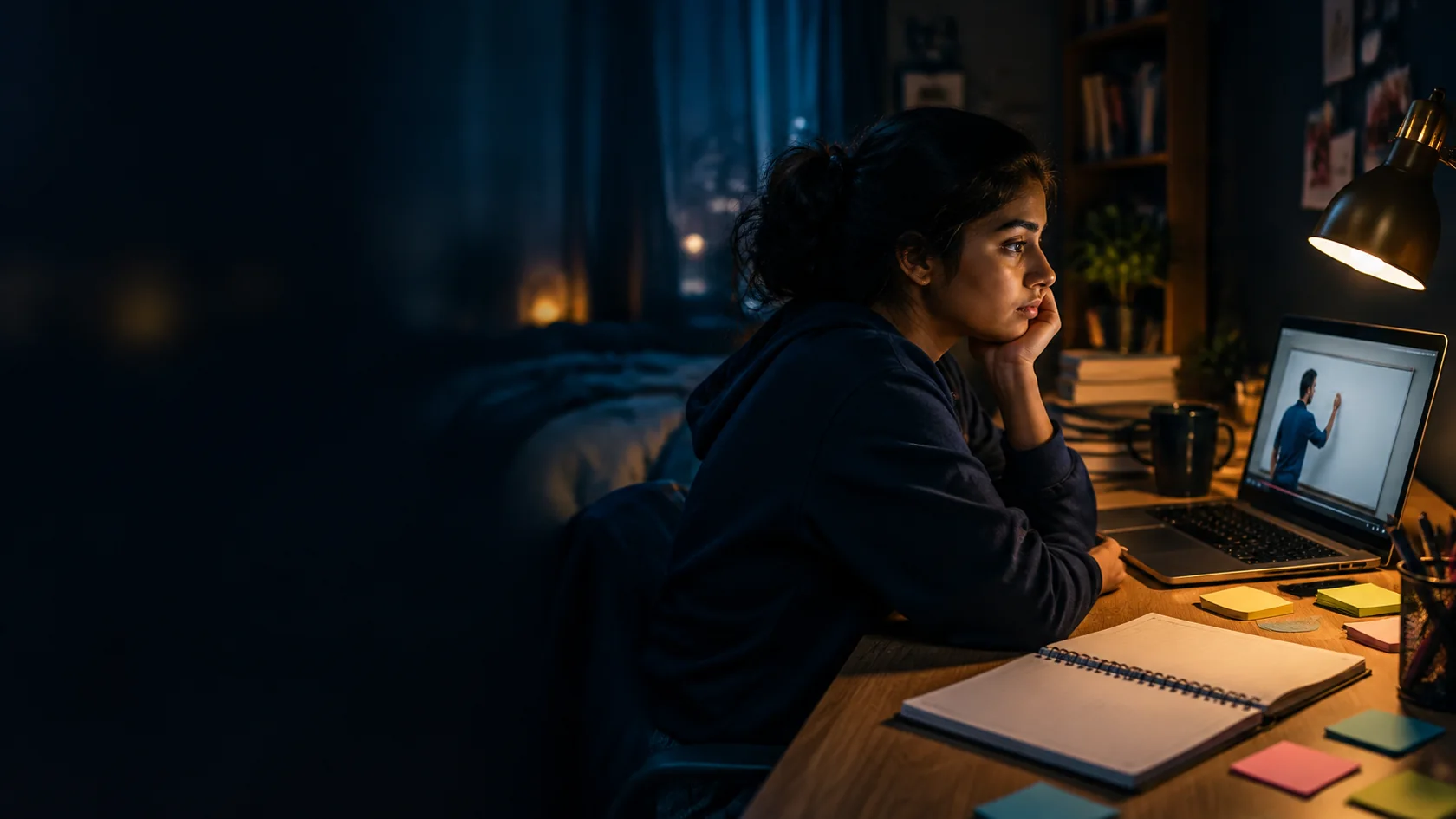 A student studying alone at night, unsure what to do next