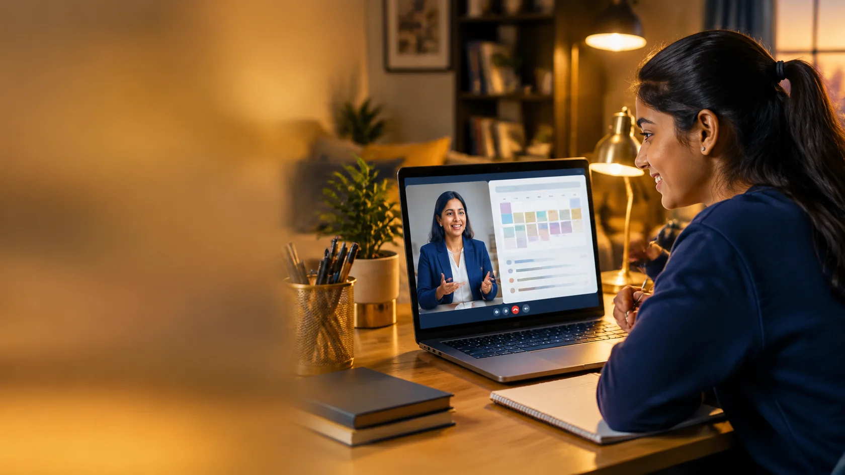 A student reviewing a weekly plan with a mentor on a video call