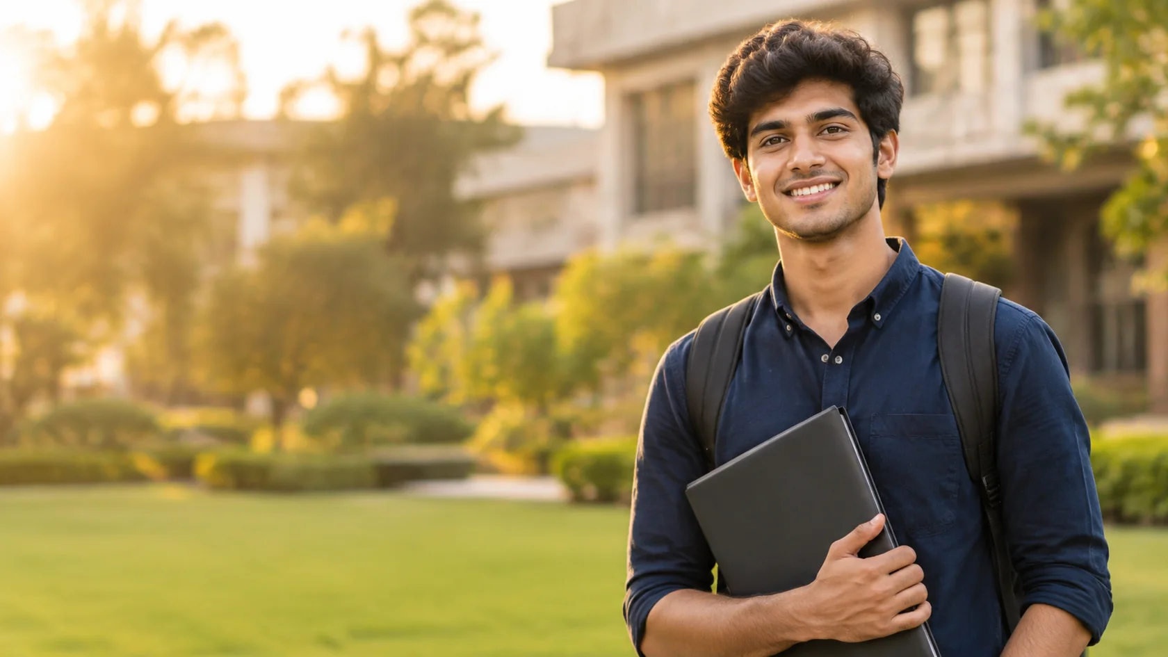 A confident student on a college campus